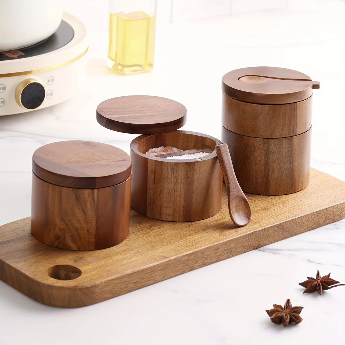 Acacia Wood Salt Jar with Spoo - Herb Keeper Bottle 评论和价格