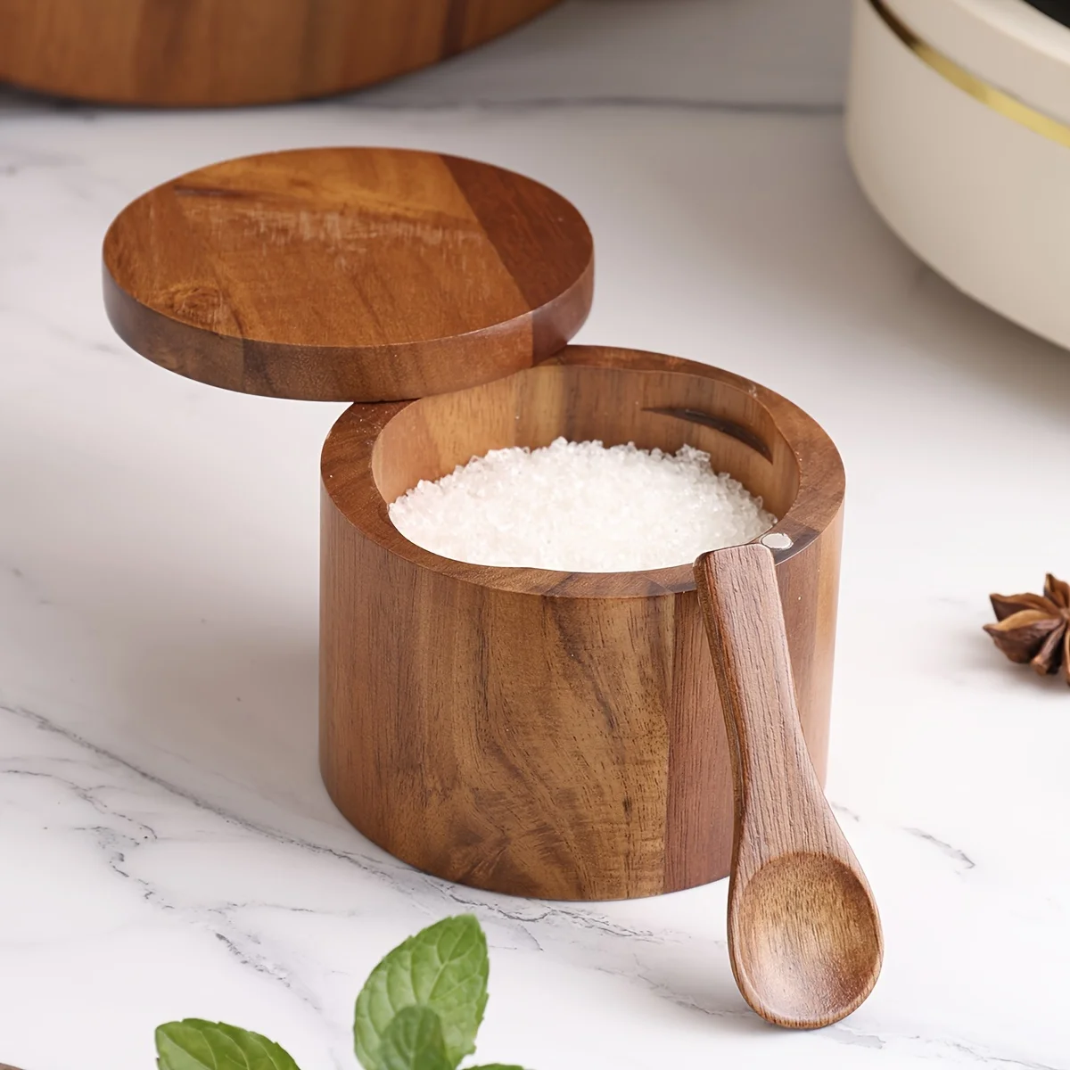 Acacia Wood Salt Jar with Spoo - Herb Keeper Bottle 评论和价格